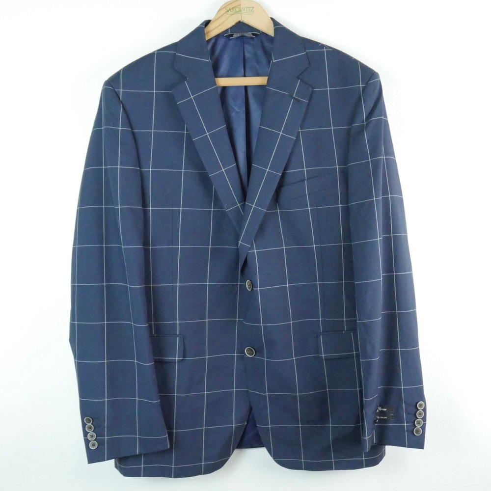 Saks Fifth Avenue Mens Navy Windowpane Silk Wool Slim Fit Blazer Sport Coat 44R